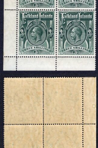 Falkland Is SG66 3/- Slate green Wmk Mult CA Corner Block U/M Cat 400++++ pounds