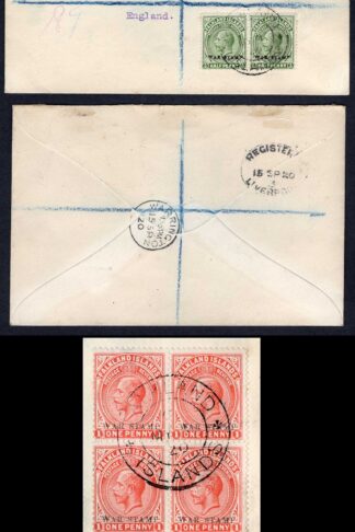 Falkland Is SG71 1d Vermilion WAR TAX Line Perf Block on Cover RARE
