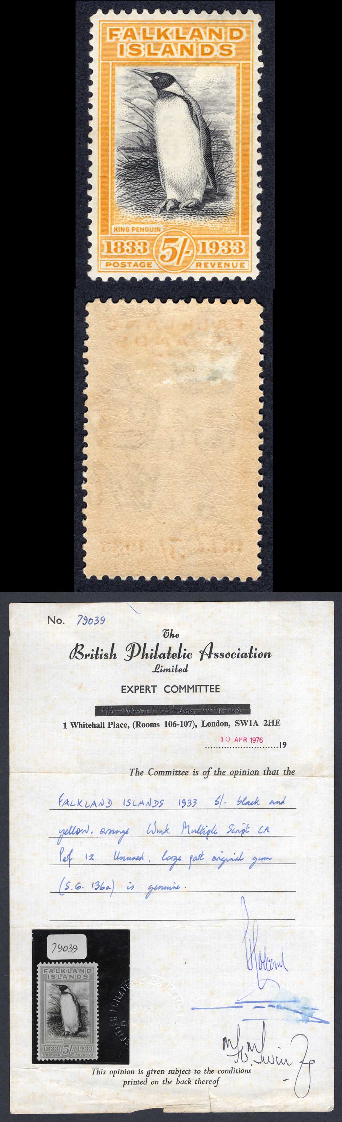Falkland Is SG136a 5/- Black and yellow-orange Centenary M/M BPA Cert Cat 3250