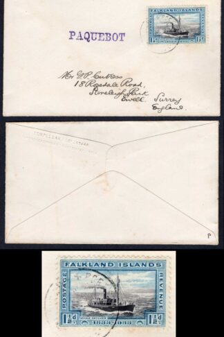 Falkland Is SG129 1 1/2d Centenary on a Paquebot Cover to England