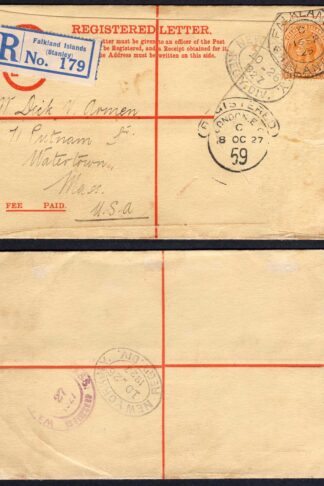 Falkland Is 1927 6d Brown-orange on a Registered Envelope to the USA