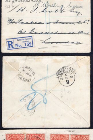 Falkland Is 1928 Redirected Registered Cover to London with 1d x 4