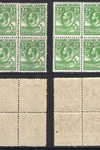 Falkland Is SG116/a 1/2d Blocks in Comb and Line Perf Cat 18++ pounds