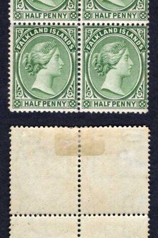 Falkland Is SG16 1/2d Green Mint Block (Mounted) Wmk CA Cat 80++ pounds