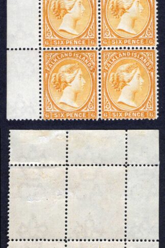 Falkland Is SG33x 6d Orange-yellow Wmk Reversed Corner Block (2 x U/M) Cat 360++