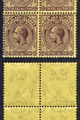 Falkland Is SG75 2 1/2d Deep Purple/yellow Block of 4 U/M Cat 22 pounds
