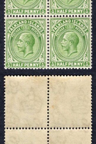 Falkland Is SG73a 1/2d Green Wmk Script Block 2 x U/M Cat 12 pounds
