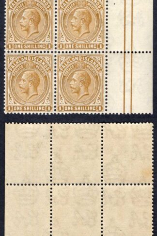 Falkland Is SG79 1/- Deep Ochre Wmk Script U/M Block (tone patch) Cat 96 pounds