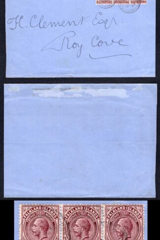 Falkland Is KGV 2d Strip on large part cover to Roy Cove