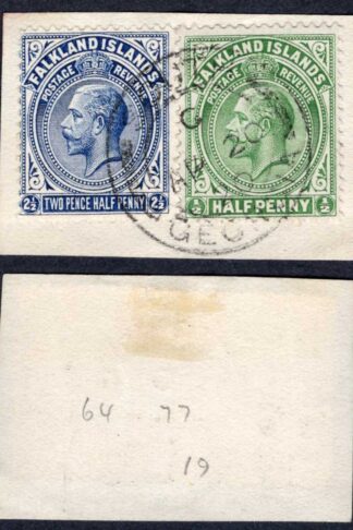 Falkland Is KGV 1/2d and 2 1/2d on Piece used in South Georgia