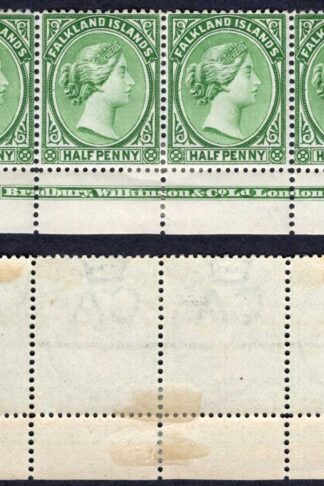 Falkland Is SG16 1/2d Green Wmk CA Imprint Strip M/M Cat 80+++ pounds