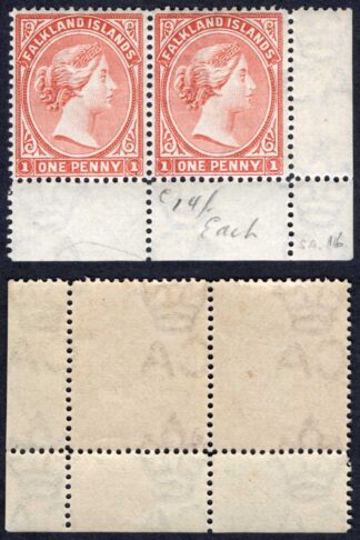 Falkland Is SG22 1d Venetian Red U/M Corner Pair Cat 64 pounds