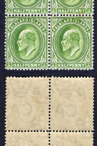 Falkland Is SG43c 1/2d Deep Yellow-green Block 2 x U/M Cat 68++ pounds
