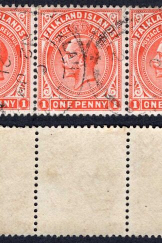 Falkland Is SG61 1d Orange- vermilion Thick Paper Wmk Mult CA STRIP