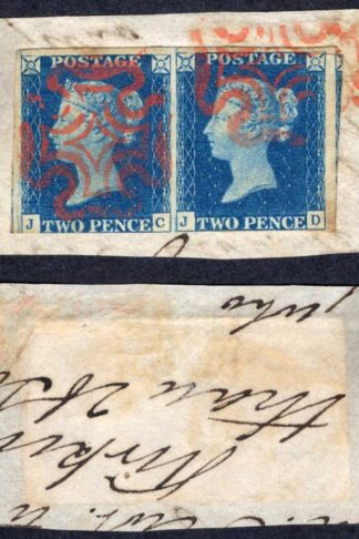 1840 2d Bright Blue (JC/JD) Plate 2 Three Margin Pair RED Crosses Cat 3500+
