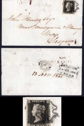 Penny Black (OB) Plate 1a Clear Profile BLACK CROSS on COVER Cat 1100 off Cover