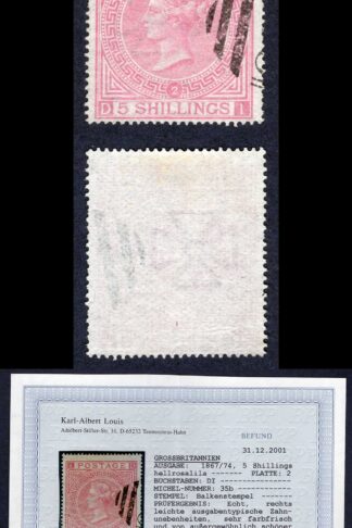 SG127 5/- Plate 2 Karl Albert Louis Cert Cat 750