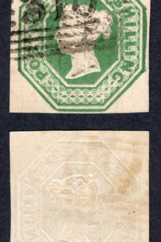 SG55 1/- Green Embossed Great margins for this issue Scarce as such Cat 750 pounds