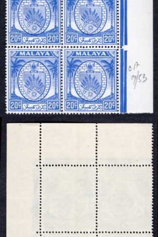 Malaya Negri Sembilan SG54 20c Bright Blue Block of 8 U/M Cat 32 pounds