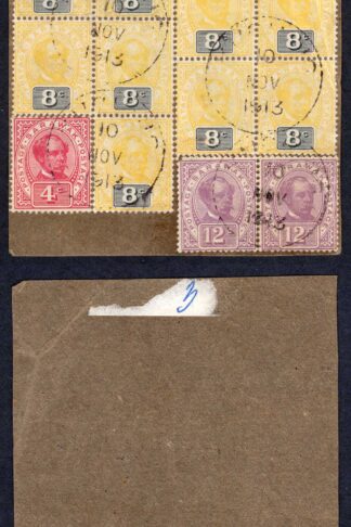 Sarawak 8c x 9 plus 4c and 12c pair on piece