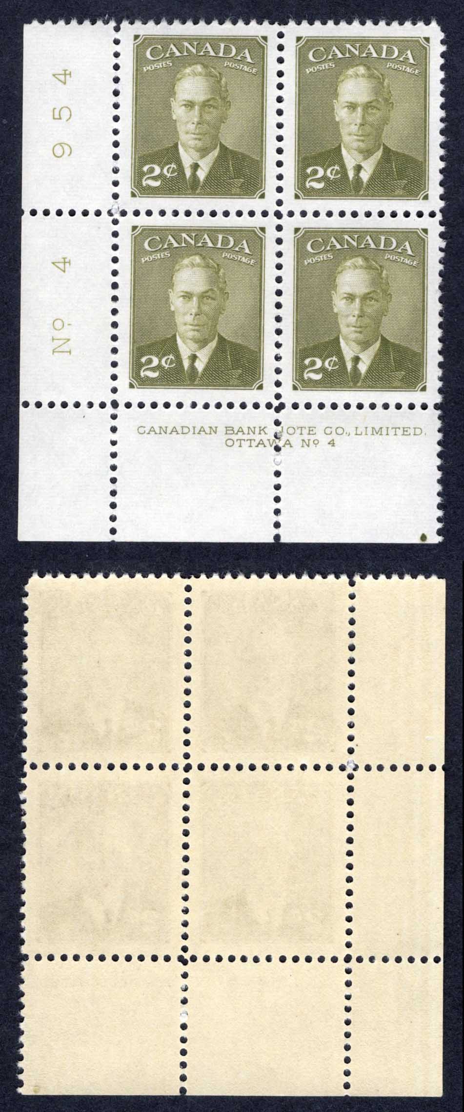 Canada SG415a 2c Olive-green Plate 4 LL Block M/M