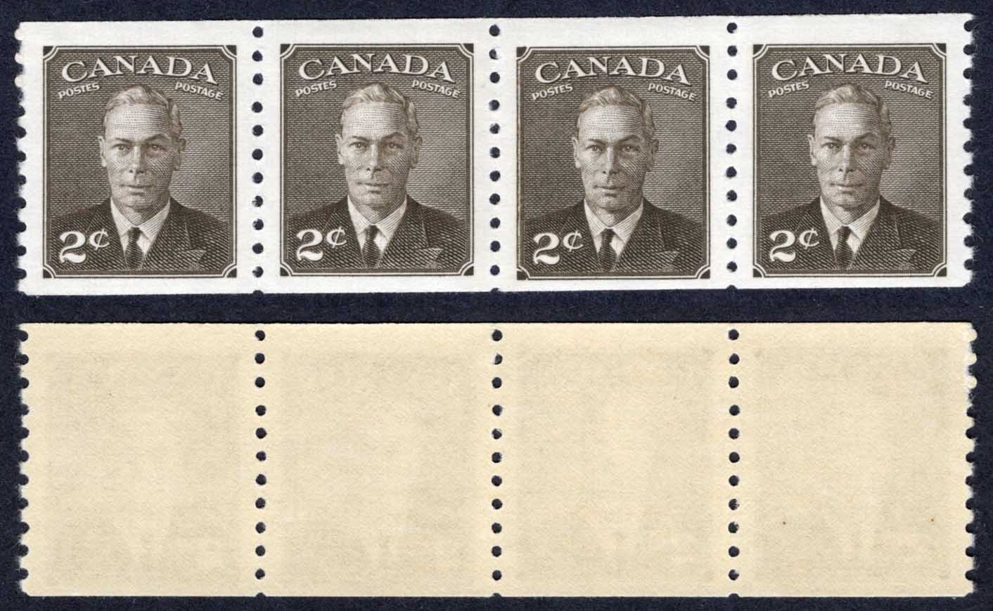 Canada SG420 2c Sepia Coil Strip of 4 Imperf x 9.5 U/M Cat 38 pounds