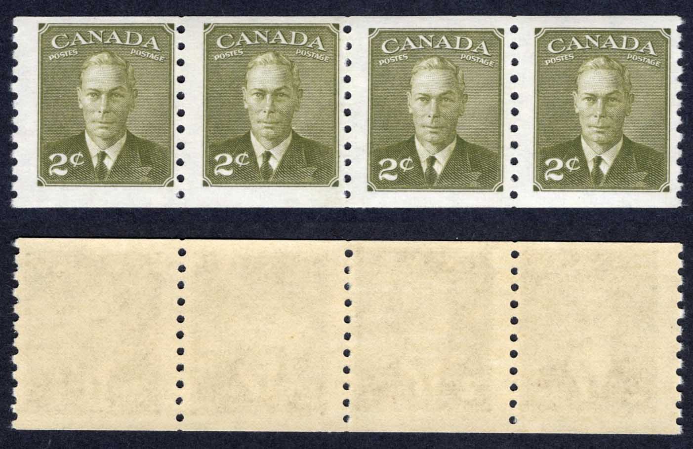 Canada SG420a 2c Olive-green Coil Strip of 4 Imperf x 9.5 U/M