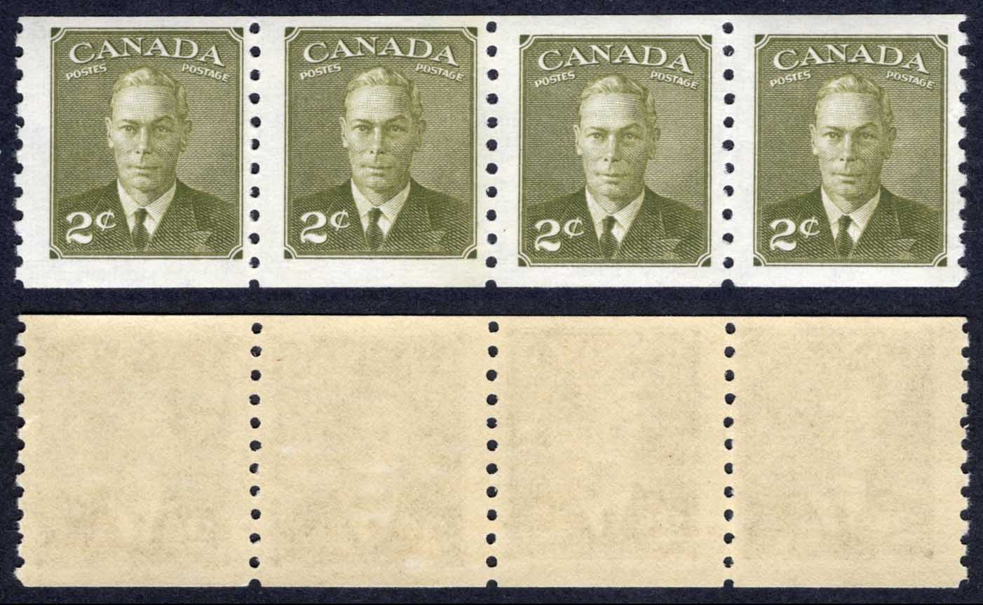 Canada SG420a 2c Olive-green Coil Strip of 4 Imperf x 9.5 U/M