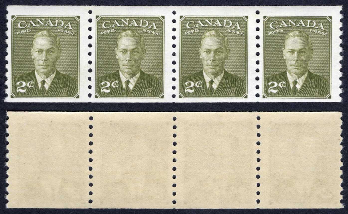 Canada SG420a 2c Olive-green Coil Strip of 4 Imperf x 9.5 U/M