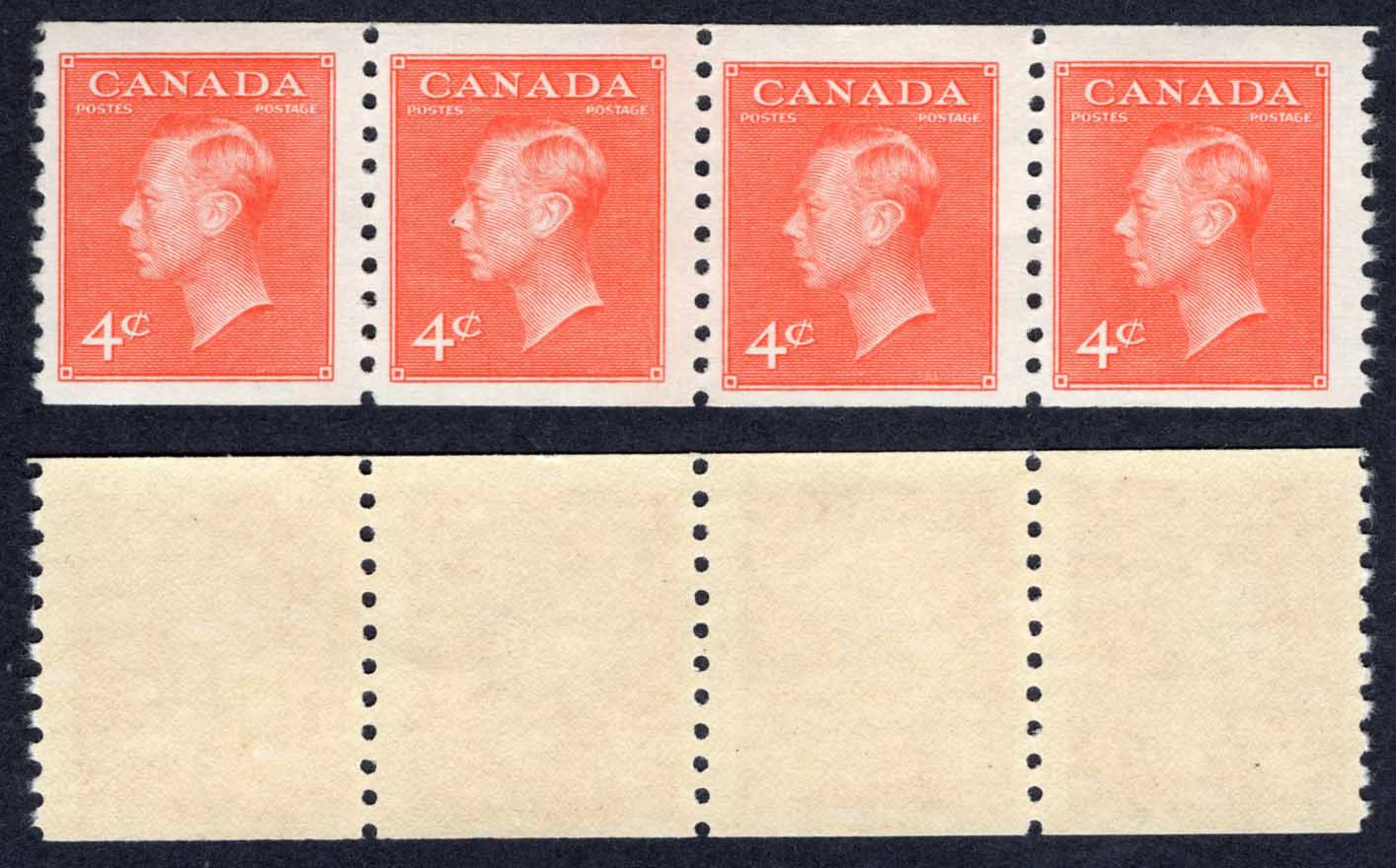 Canada SG422a 4c Vermilion Coil Strip of 4 Imperf x 9.5 U/M Cat 13++ pounds