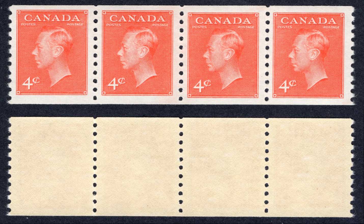 Canada SG422a 4c Vermilion Coil Strip of 4 Imperf x 9.5 U/M Cat 13++ pounds