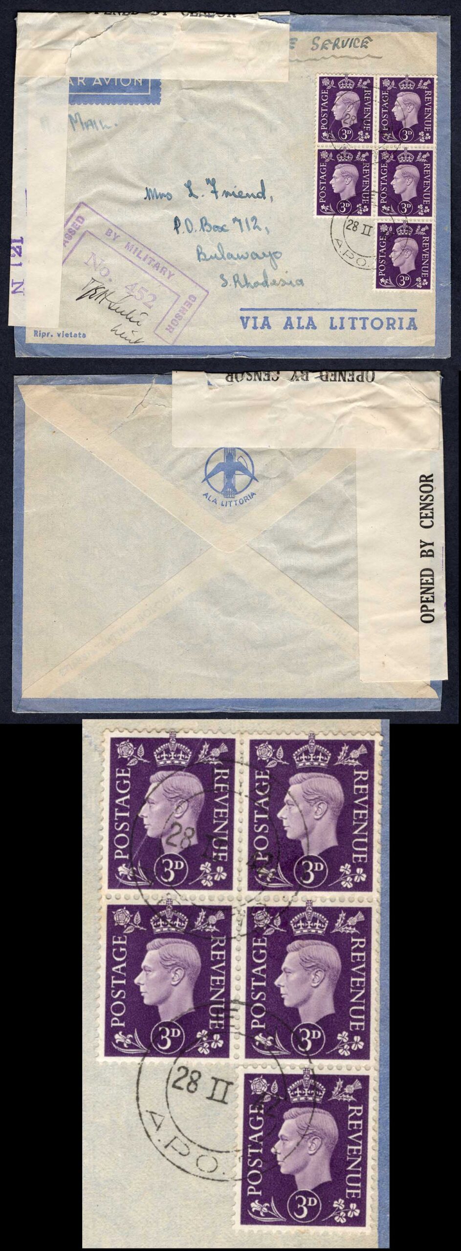 KUT EAF WWII GB 3d Violet block of 5 on 1942 Military Censor to the UK