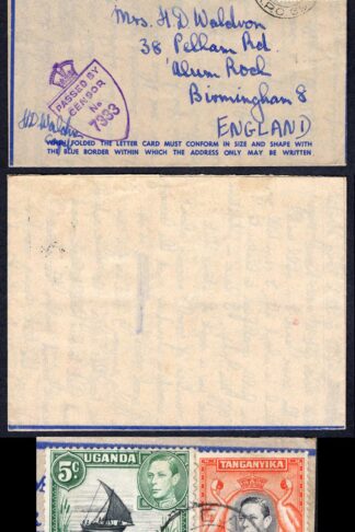 KUT EAF WWII 1944 Uprated Censored Air Letter to England