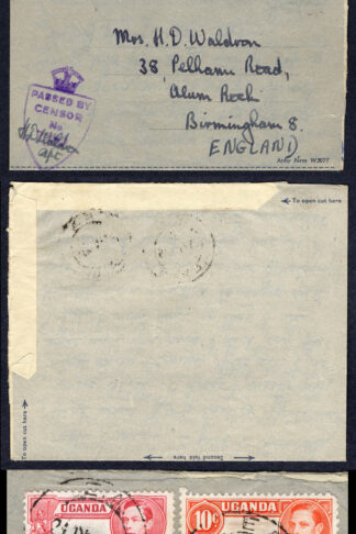 KUT EAF WWII 1945 Uprated Censored Air Letter to England