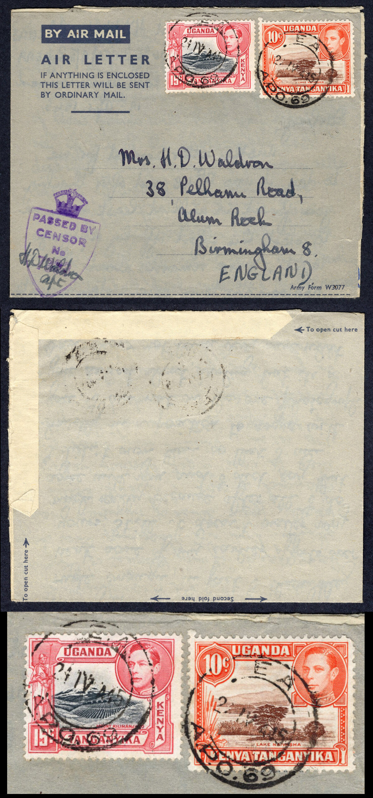 KUT EAF WWII 1945 Uprated Censored Air Letter to England
