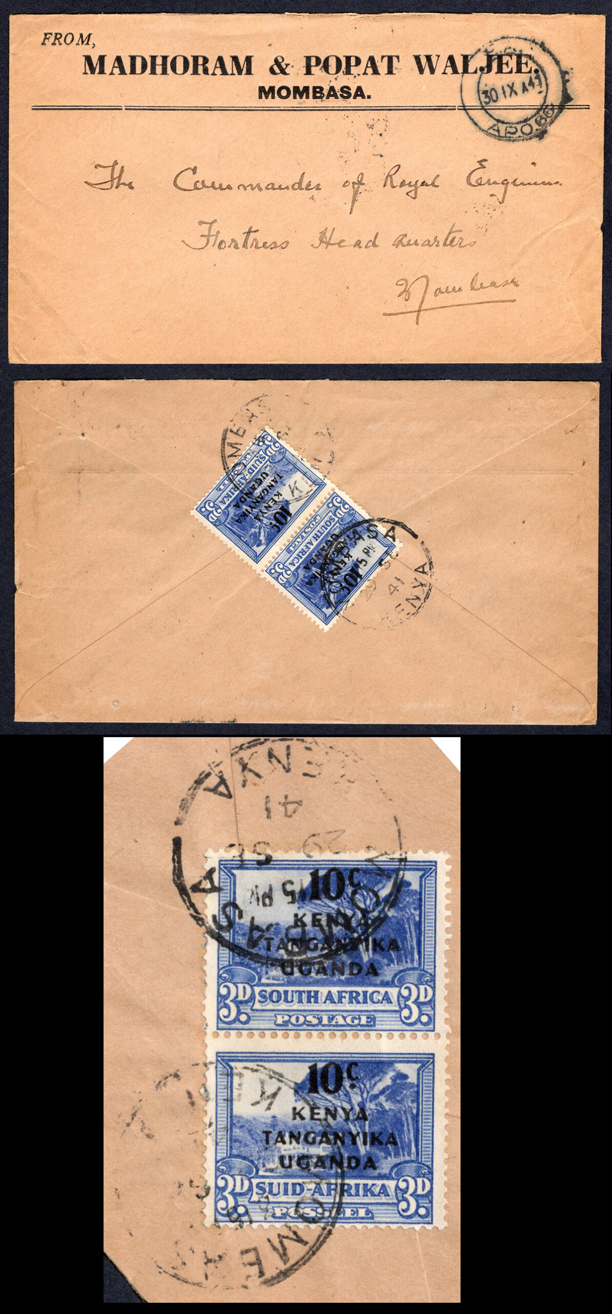 KUT EAF WWII 10c on 3d Pair on 1941 Cover to Mozambique