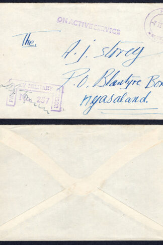KUT EAF WWII Stampless Censored Cover to Nyasaland