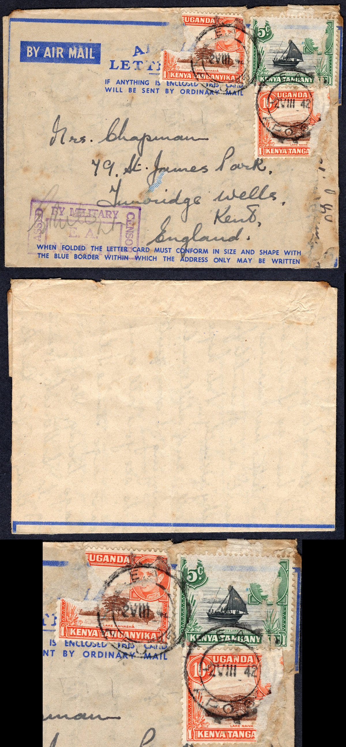 KUT EAF WWII 1942 Uprated Censored Air Letter to England