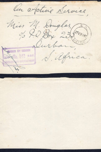 KUT EAF WWII 1941 On Active Service Stampless Censored FRONT to South Africa