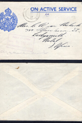 KUT EAF WWII 1941 PRINTED On Active Service Stampless Censored Cover to Natal