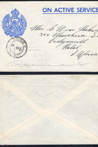 KUT EAF WWII 1941 PRINTED On Active Service Stampless Censored Cover to Natal