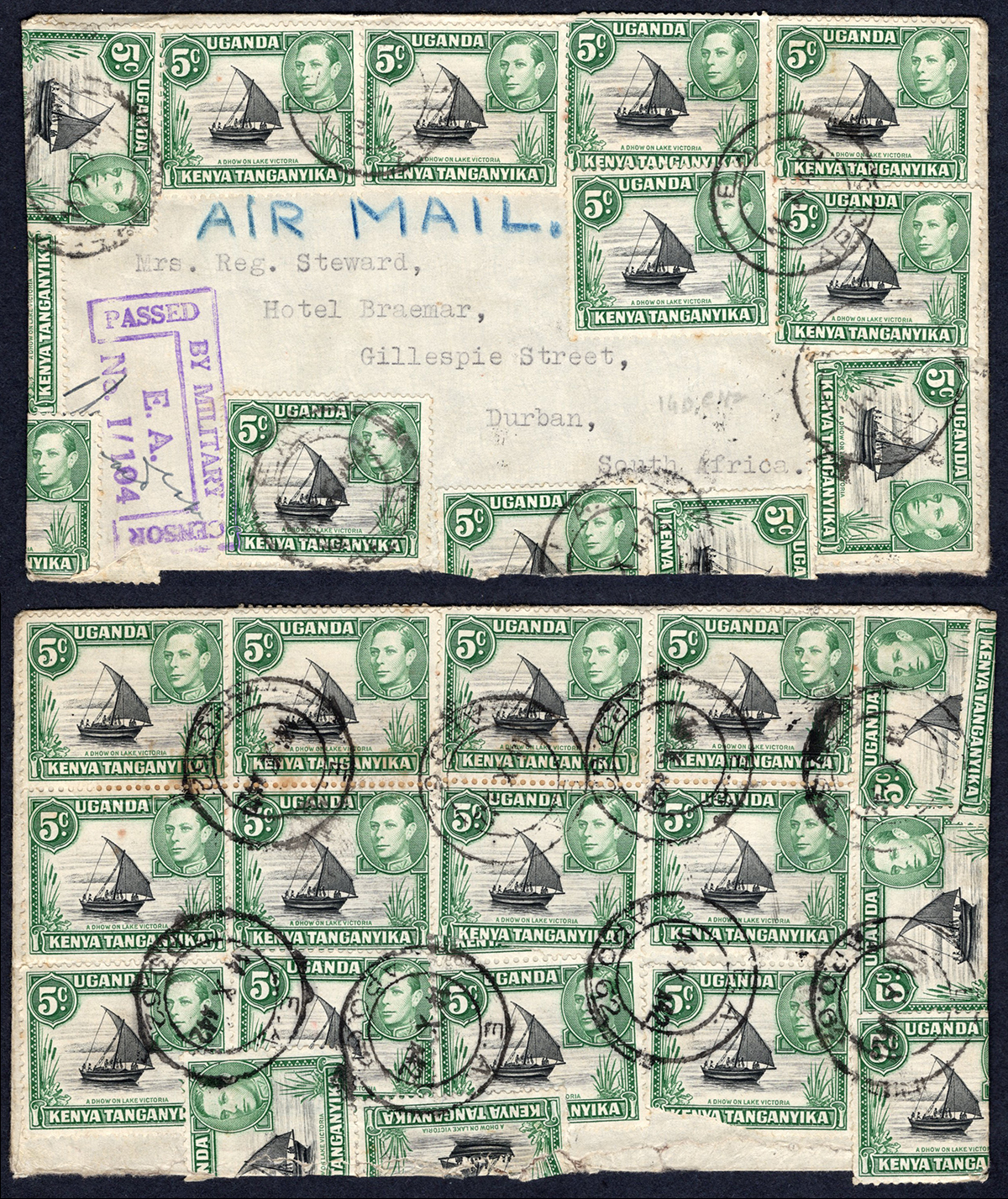 KUT EAF WWII 1942 5c x 26 on a Censored Cover to Durban
