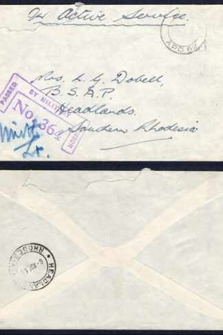 KUT EAF WWII 1941 On Active Service Stampless Censored Cover to S Rhodesia