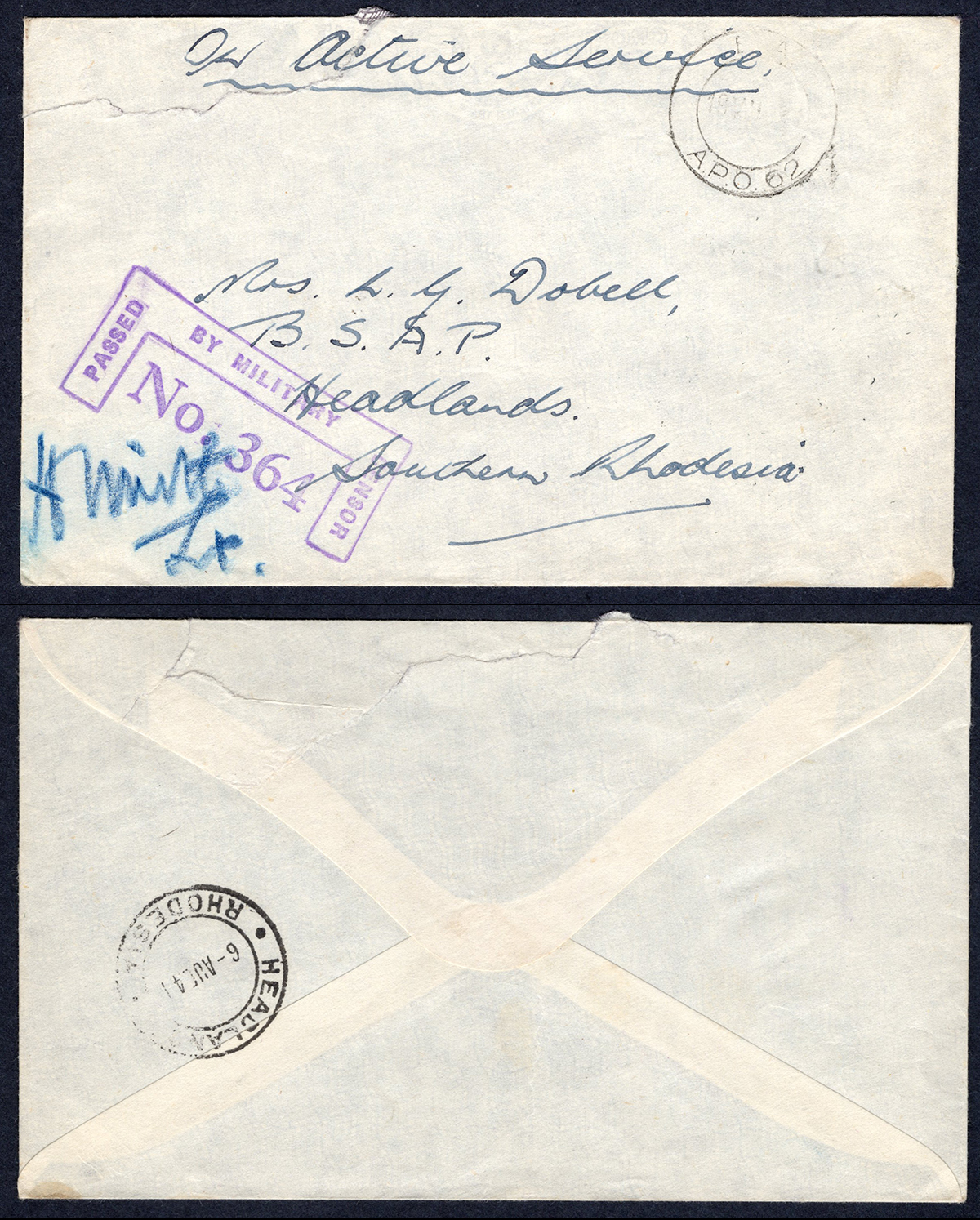KUT EAF WWII 1941 On Active Service Stampless Censored Cover to S Rhodesia