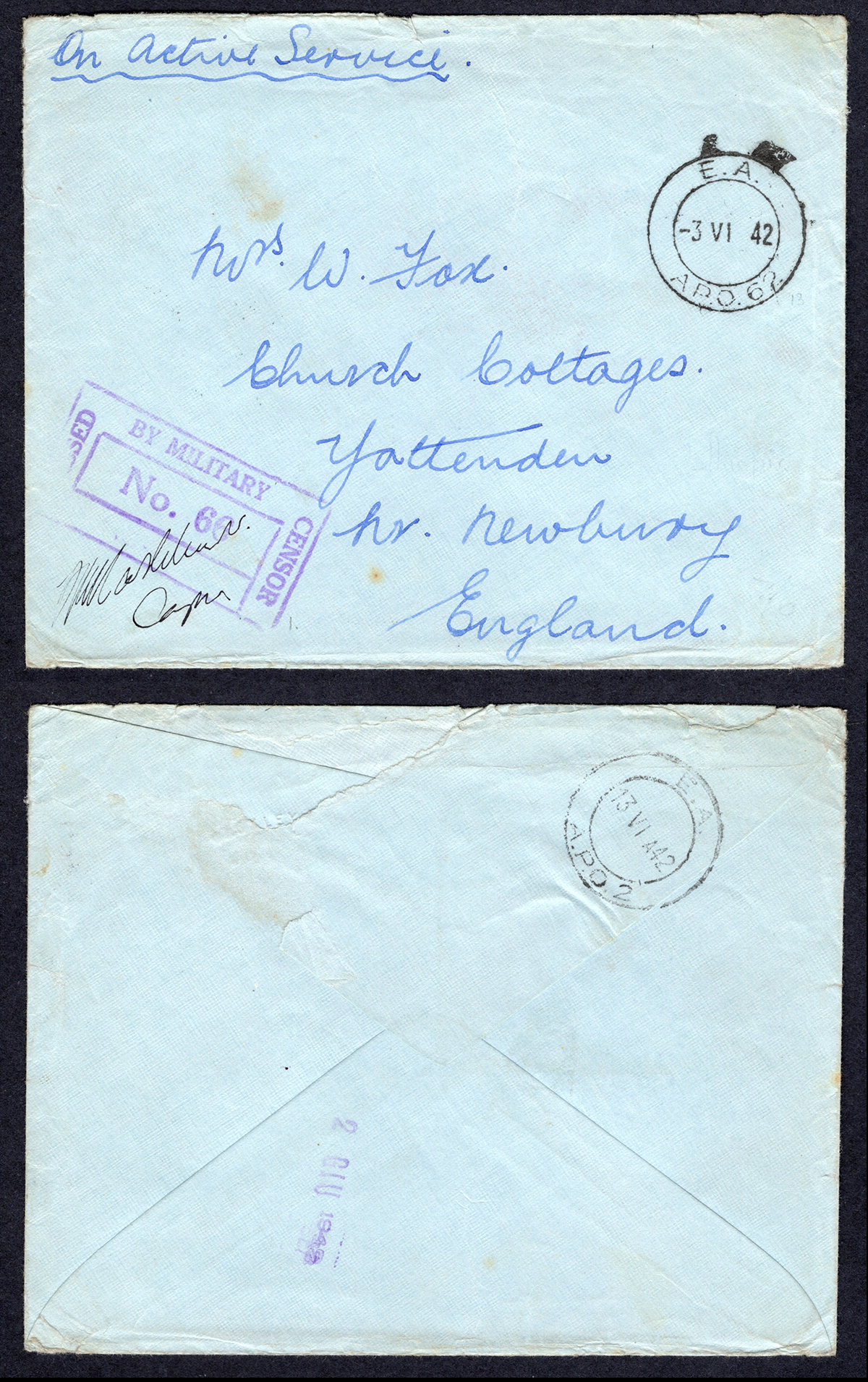 KUT EAF WWII 1942 On Active Service Stampless Censored Cover to England