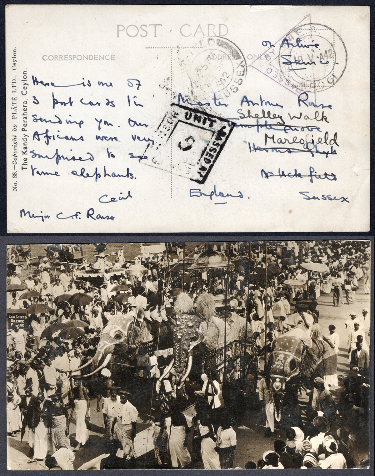 KUT EAF WWII 1942 Stampless Censored Postcard to England