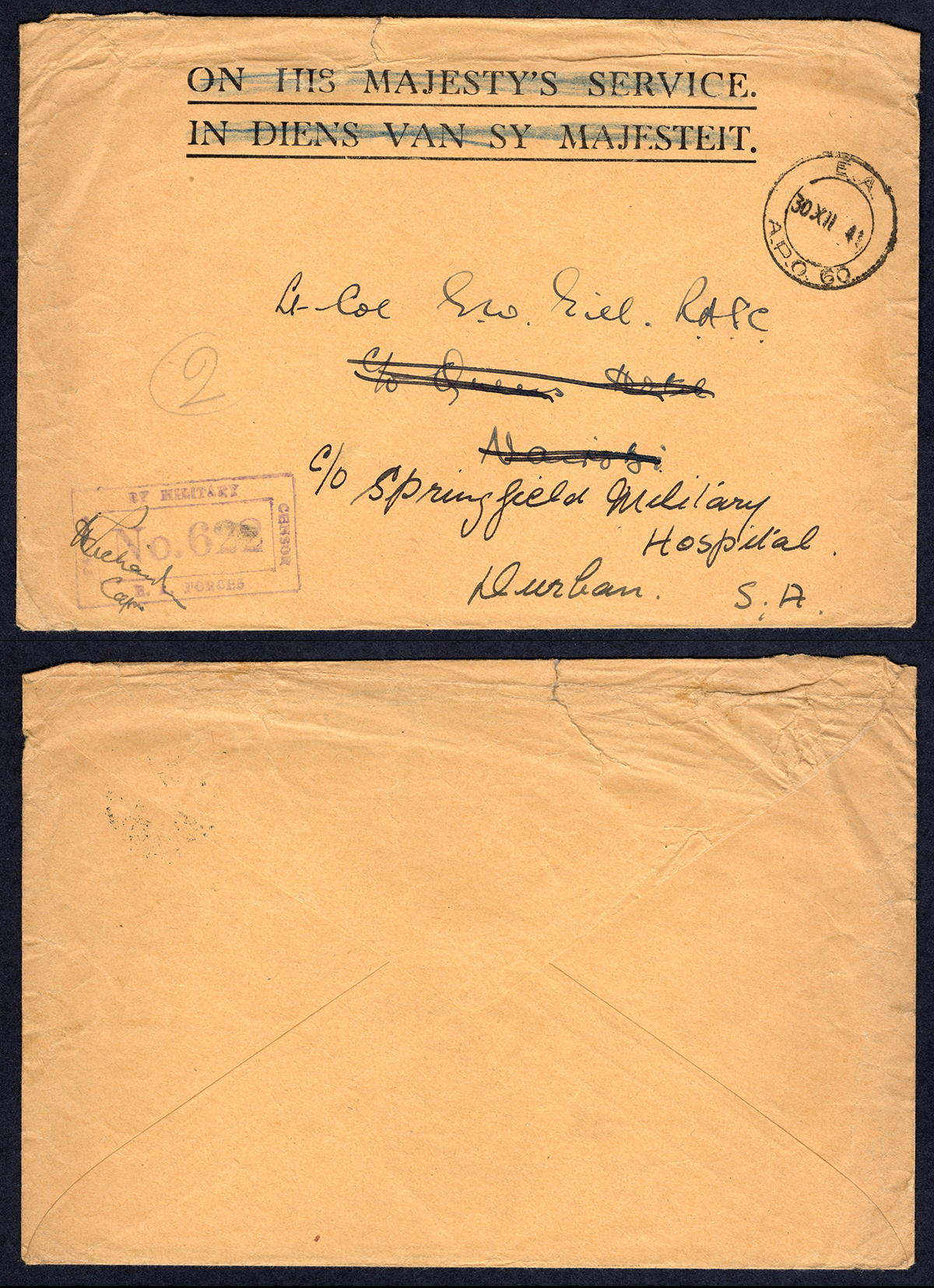 KUT EAF WWII 1941 Redacted OHMS Stampless Censored Cover to Durban