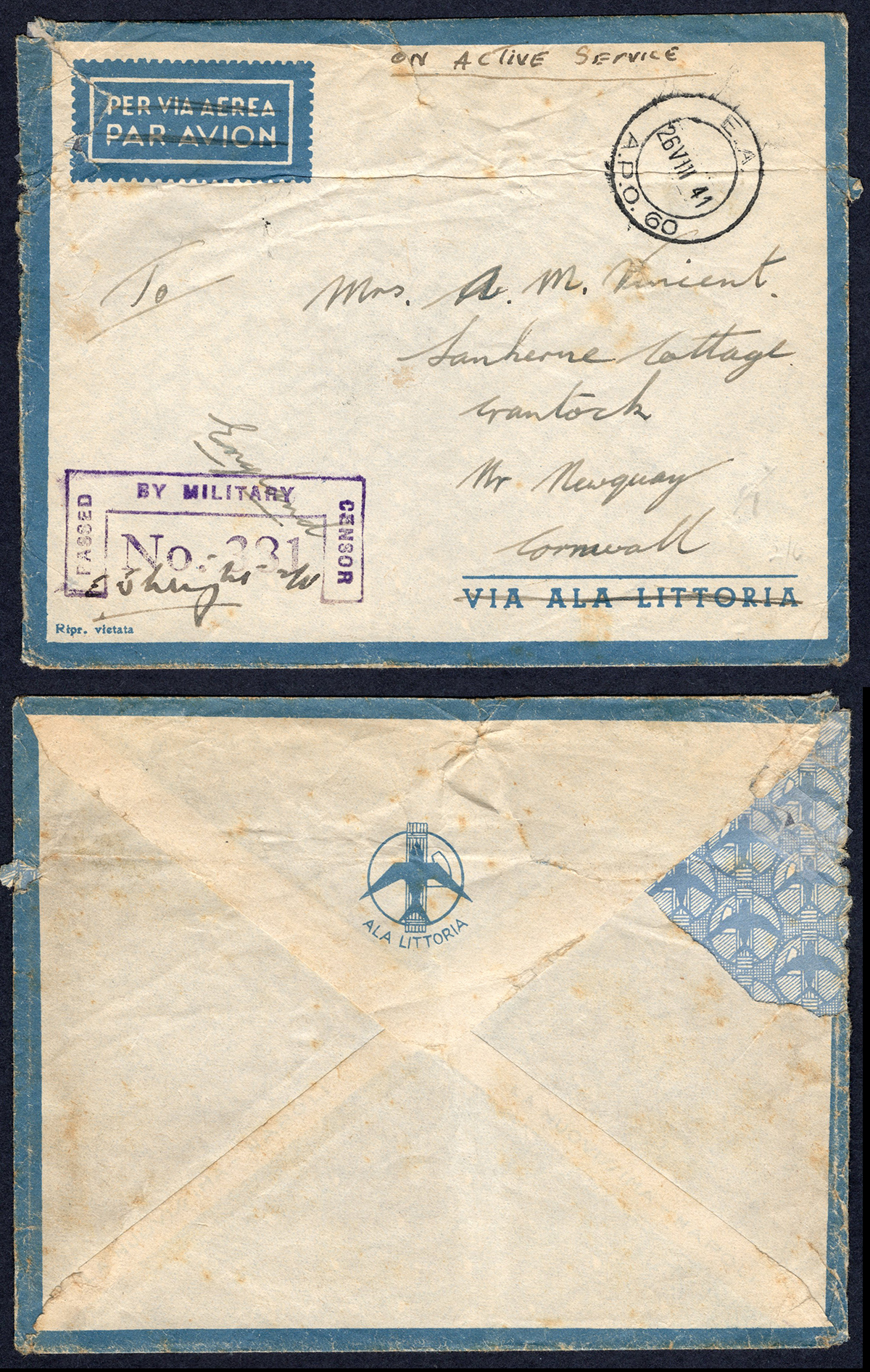 KUT EAF WWII 1941 Redacted Air Letter Stampless Censored Cover