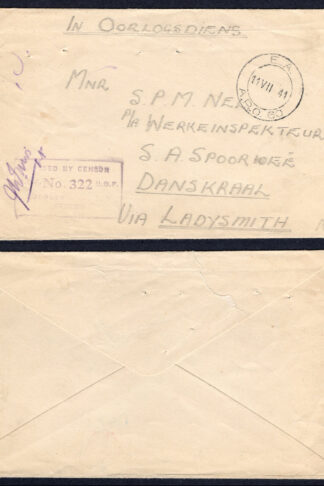 KUT EAF WWII 1941 In Oorlogsdiens Stampless Censored Cover to Danskraal