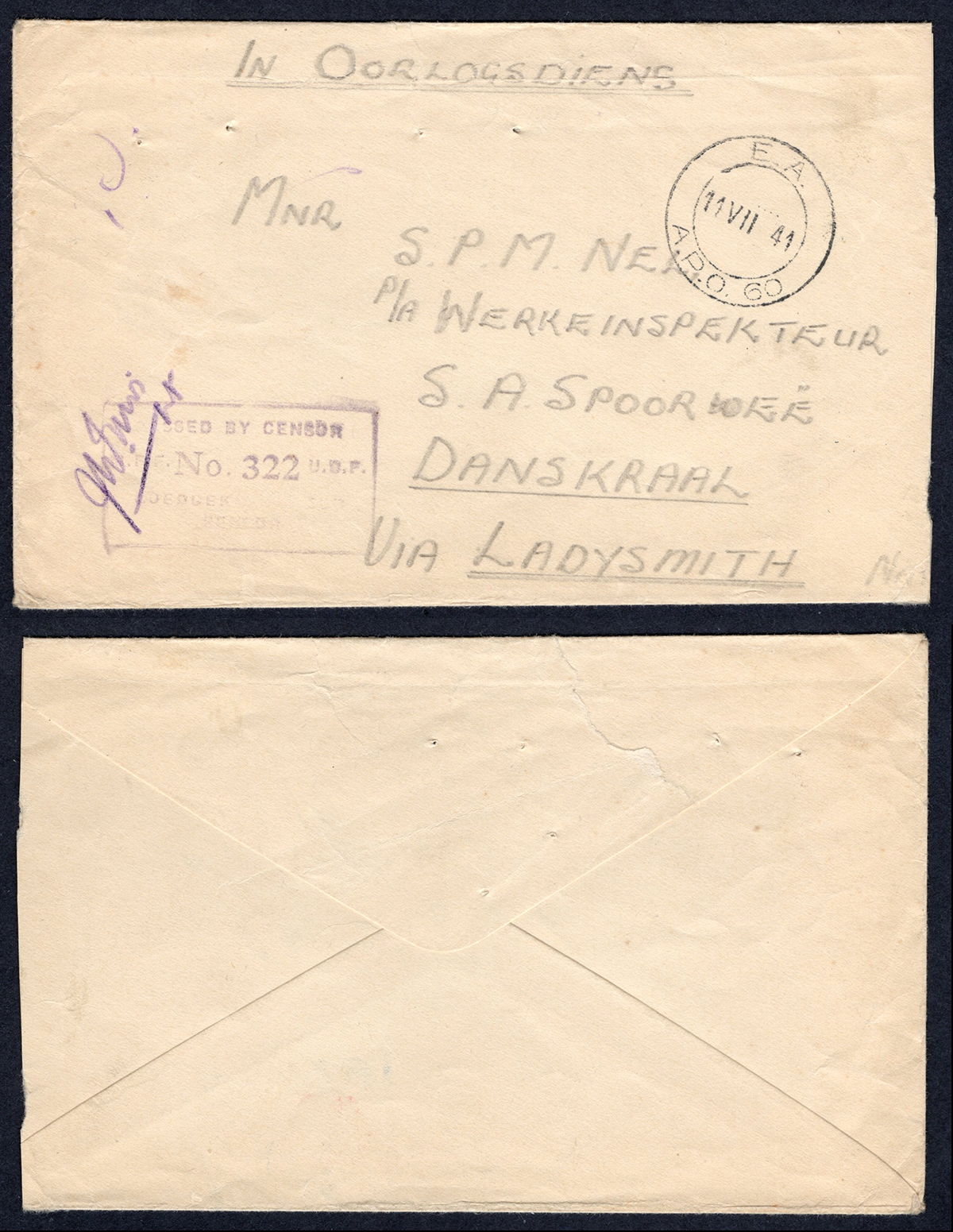 KUT EAF WWII 1941 In Oorlogsdiens Stampless Censored Cover to Danskraal